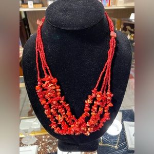 Coral Multi Layered Red Chunky Necklace 4 Strand Statement
